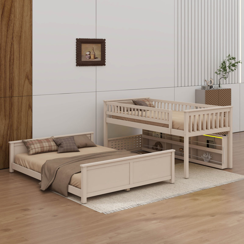 Twin XL Over Queen Bunk Bed With Built-In Racks, Adjustable Lights And Pegboard, Beige