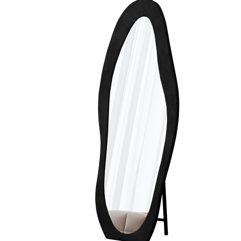 63" X 24" Floor And Wall Mirror, Flannel Wrapped Wooden Frame, Irregular Design, Shatterproof, Black For Dressing Area Full Body Or Wavy Shape, Black, High - Definition Shatterproof Setup