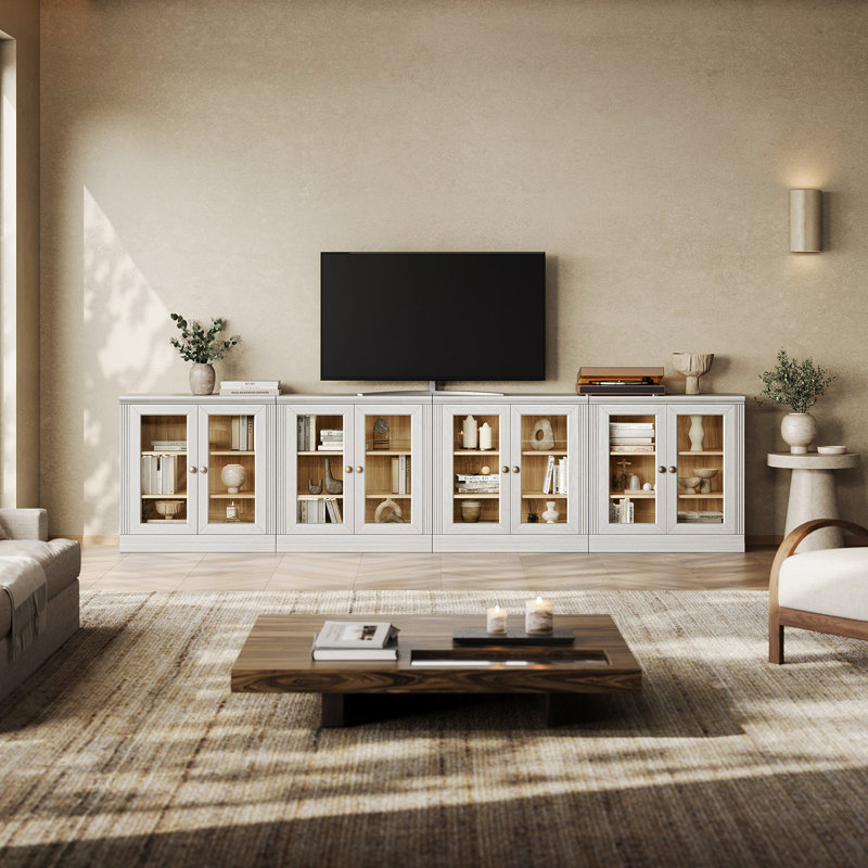 Buffet modulaire moderne Monos 126,8 po avec portes vitrées, vitrine à 4 compartiments, blanc, White