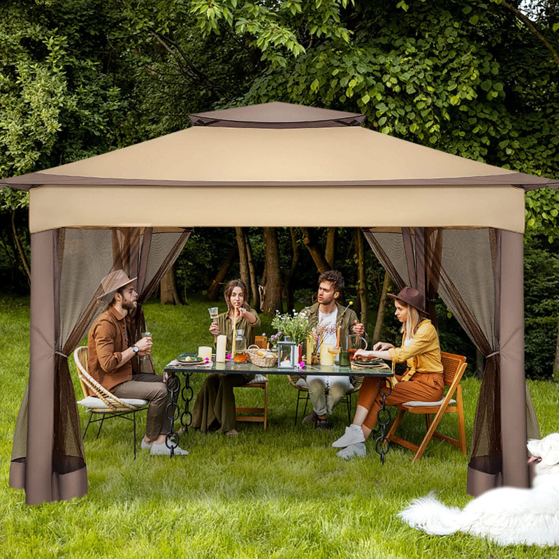 Pavillon de jardin escamotable 11 x 11 avec moustiquaire , Brun