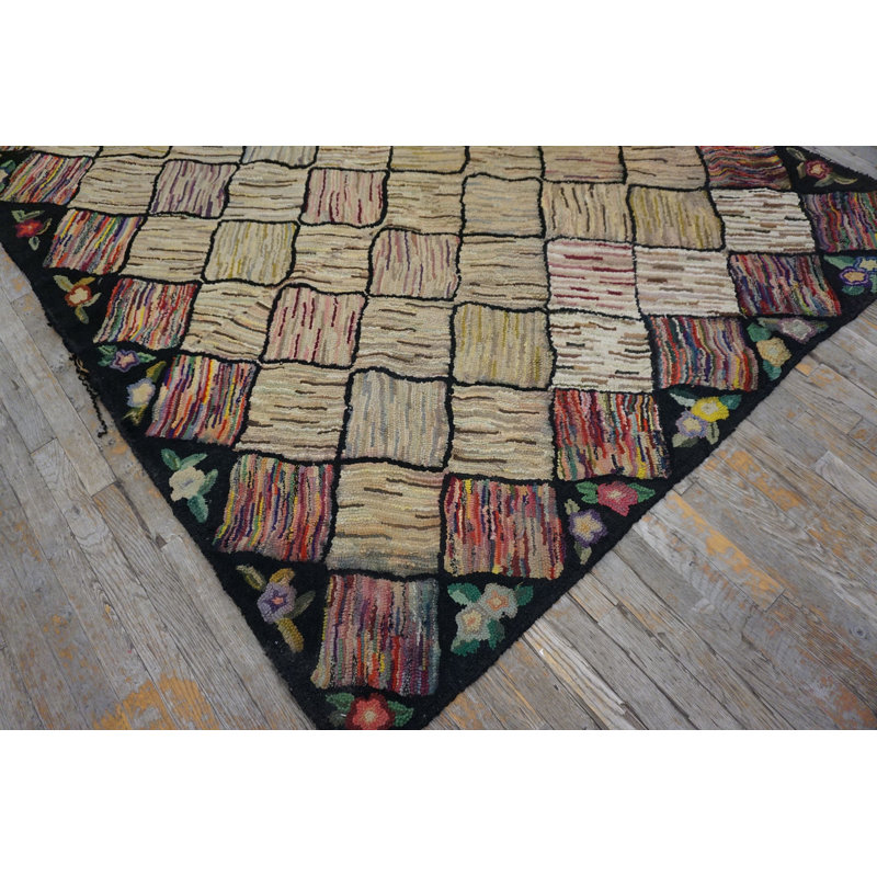 Ivory Cream Color Antique American Geometric Folk Art Trellis Lattice Design Hooked Rug