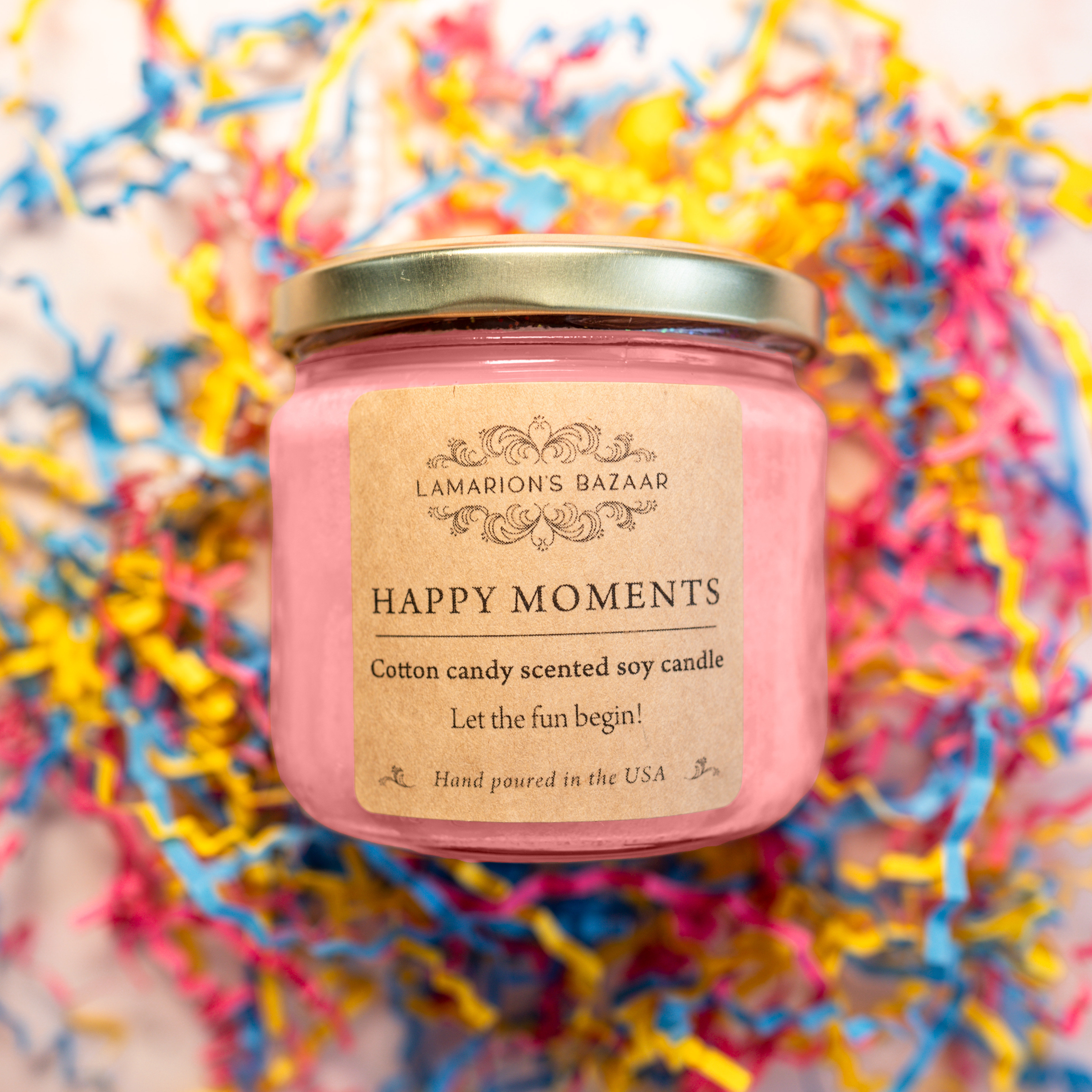 Happy Moments - Pink Cotton Candy Fragrance Candle - 12 oz Handcrafted Soy  Candle Decorated with Pink Glitter