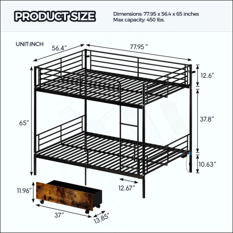 Lit superposé avec station de charge USB, capable de se séparer, lit superposé en métal, espace de rangement, lit avec barrière de sécurité et échelles, aucun sommier nécessaire