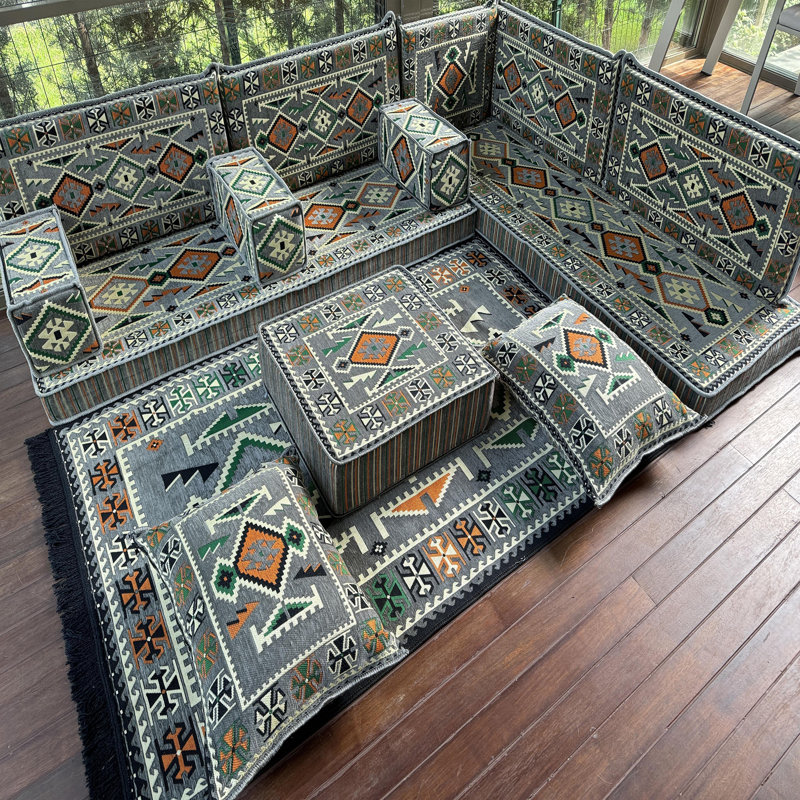 Canapé modulaire avec coussins Ethnique Kilim, Gris