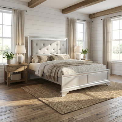 Cadre de lit très grand californien, lit plateforme argenté avec lumières DEL à changement de couleur, tête de lit matelassée cloutée, style minimaliste moderne