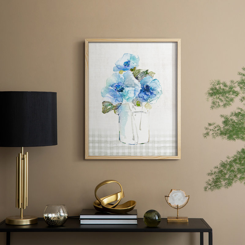 «Gingham Blue Flowers I», reproduction encadrée - bois massif, H 11 po x l 9 po