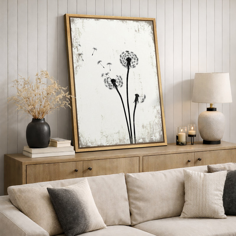 Pissenlit «Simple Whimsy Flying Dandelion, H 24 po x l 16 po, Toile encadrée, Naturel