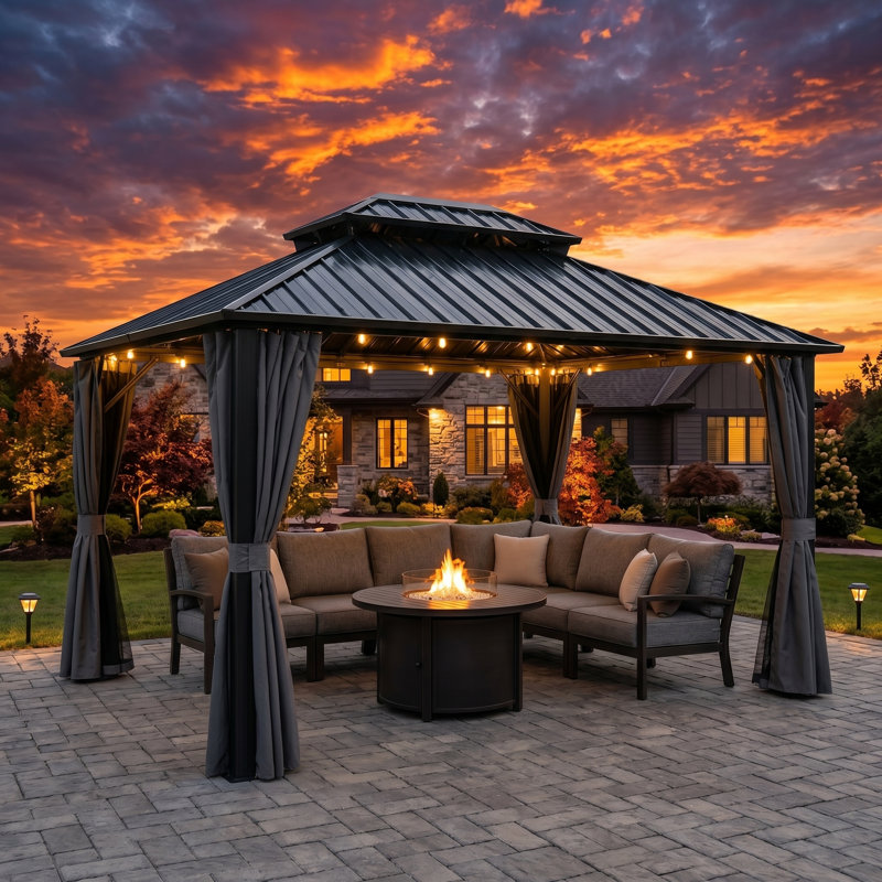 Outdoor Aluminum Hardtop Gazebo with Double Metal Roof and Curtains for Backyard, Garden, Patio, 12FT x 16FT