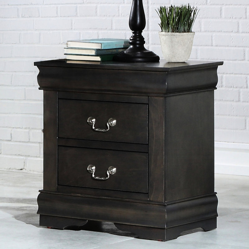 Dark Gray Solid Pine Nightstand With 2 Drawers - Elevate Your Bedroom Look Metal Handles In Gray, 2 Design For Elements