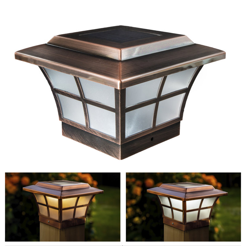 Copper LED Solar Post Cap with Frosted Glass Panels