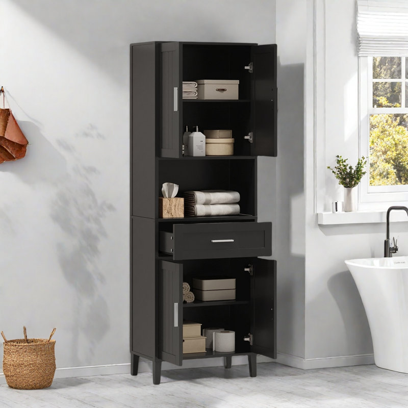 Freestanding Tall Bathroom Cabinet With 1 Drawer, 2 Cabinets, 4 Soft-close Doors, 2 Adjustable Shelves And Open Storage