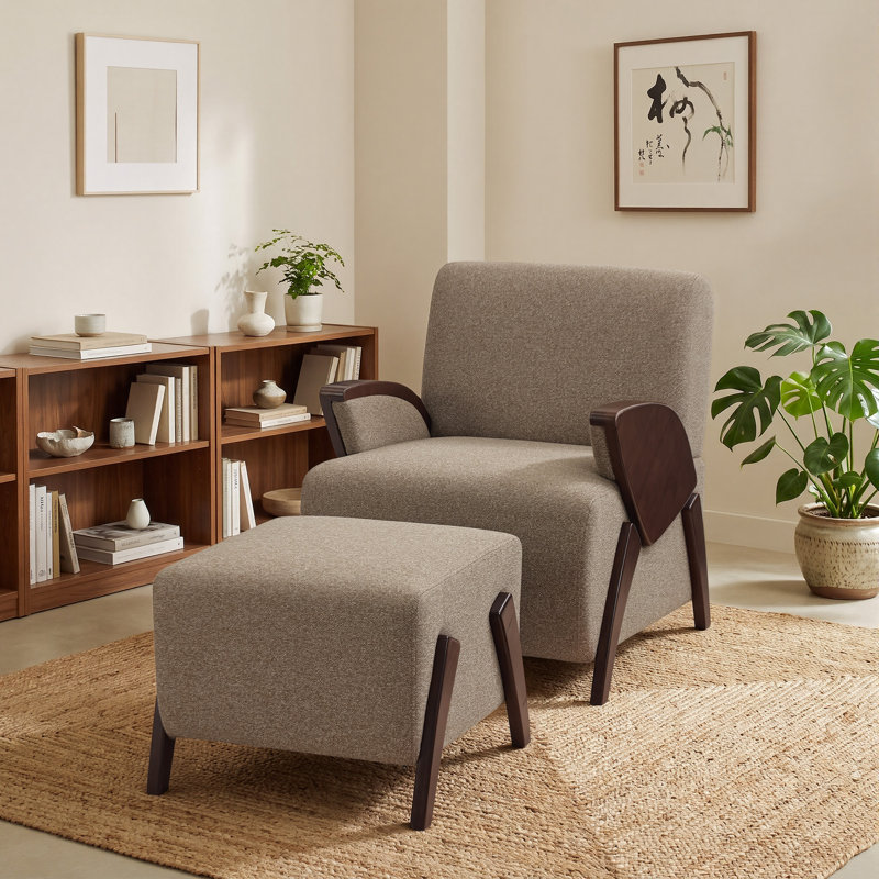 Fauteuil d'appoint moderne rembourré de 68,5 cm de large avec repose-pieds, structure en bois massif, Brown, Yes