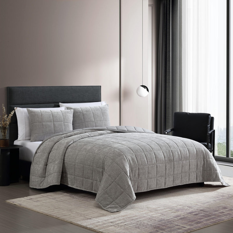 Vera Wang Chenille Box Solid Reversible Quilt Set, Queen Quilt + 2 Standard Pillowcases, Silver Gray