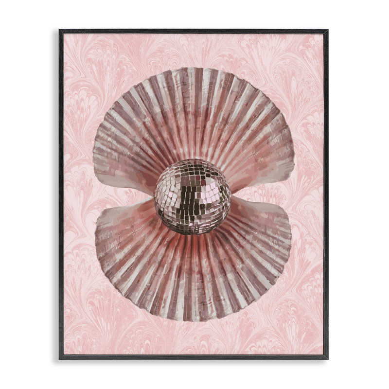 Giclée à motif de boule disco et de palourdes, par Lil 'Rue, H 14 po x l 11 po, Giclée encadrée noir minuit