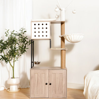 Arbre à chat avec bac à litière - gris à 3 niveaux de style américain, poteaux à griffer, aire d'alimentation et plateau confortable, facile à installer en 1 avec bâtons de bol amovibles, peu encombrant
