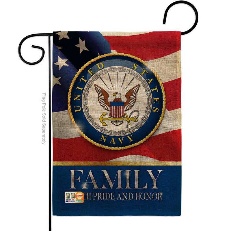 La famille marine honore 2 côtés 18,5 x 13 po drapeau de jardin, Toile de jute, Bleu marine