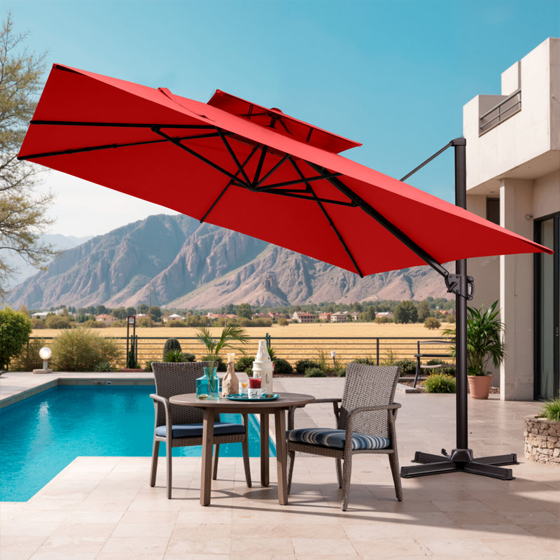 Parasol extérieur carré en porte-à-faux décalé en aluminium 128 po sans base lestée, Rouge