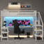 Lit mezzanine en métal avec armoire, bureau en L, port USB et éclairage DEL-1390572396