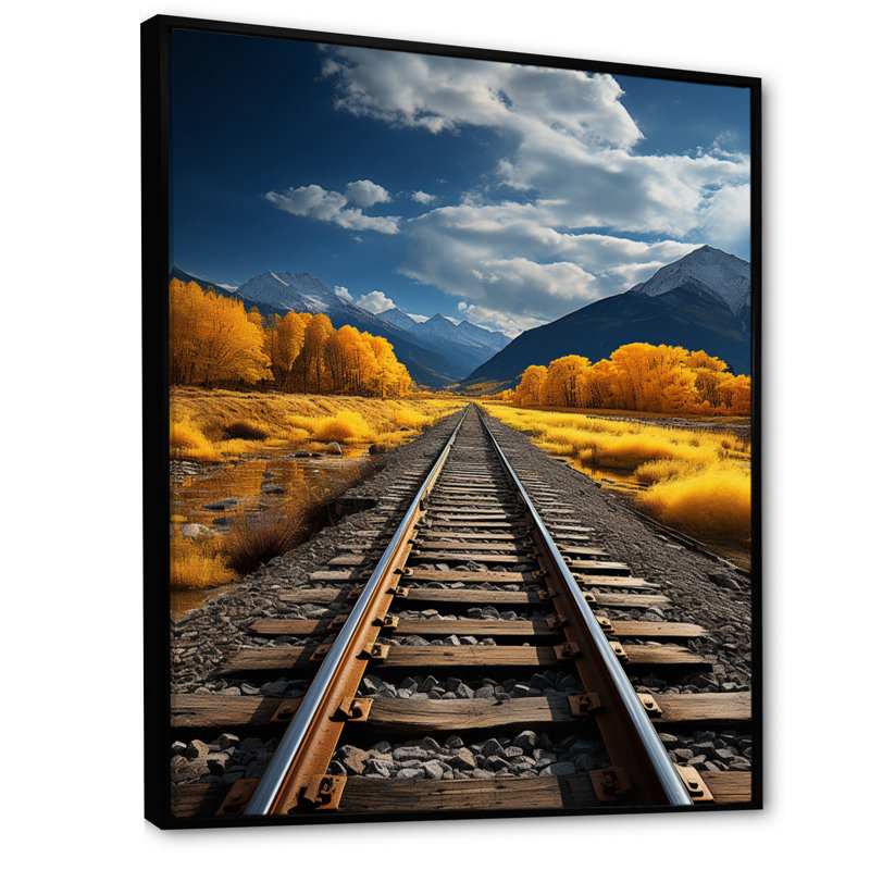 " Rail Track Through Yellow Prairies ", 32" H x 24" W x 1" D, Black Floater Framed