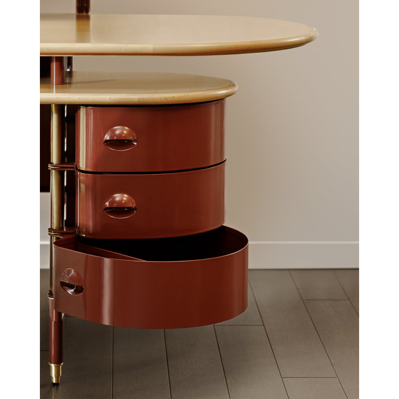 Frank Lloyd Wright Racine Desk with Storage and Accessories, 35" H x 84" W x 37" D, Maple Brown/Red