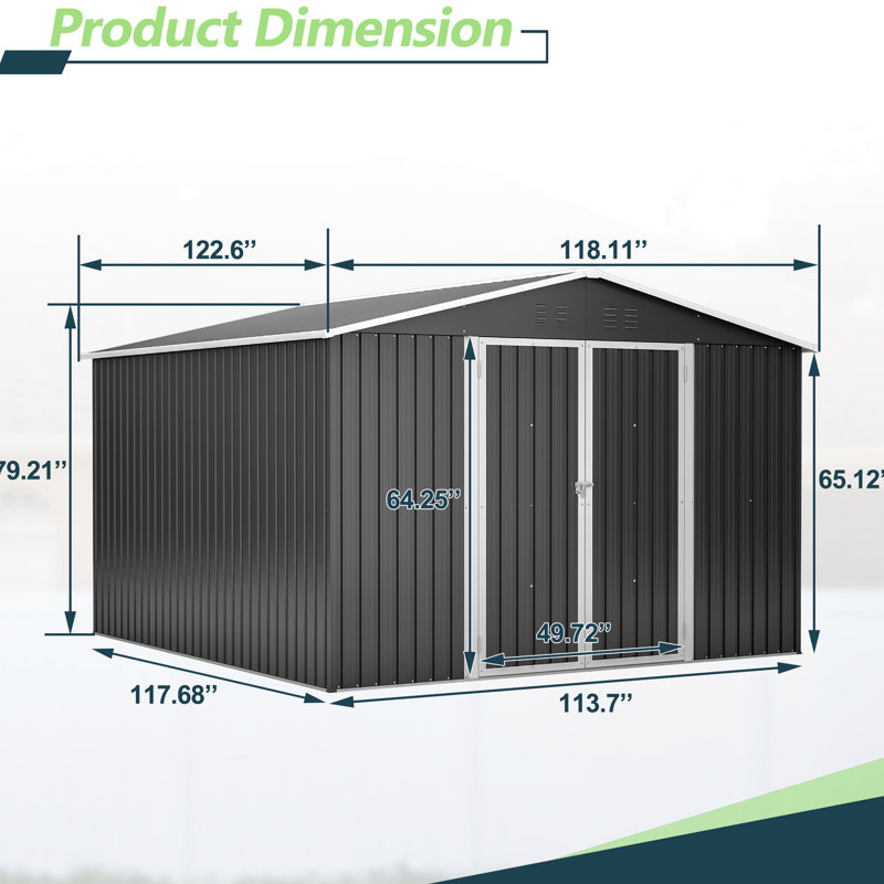 10x10 Ft Metal Outdoor Shed With Lockable Doors. Construction, Galvanized Steel. Spacious Interior. Ventilated, Waterproof. Black. For Lawn & Backyard, Patio Steel Frame. Ventilation Waterproof