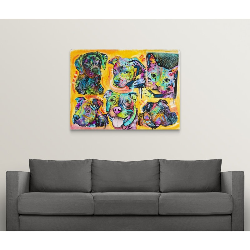 « 5 chiens et une cat », impression, Toile tendue, H 18 po x l 24 po x P 1,25 po