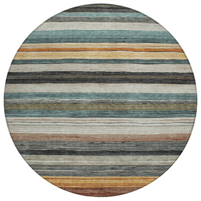 8' Beige Gold And Brown Round Striped Washable Indoor Outdoor Area Rug