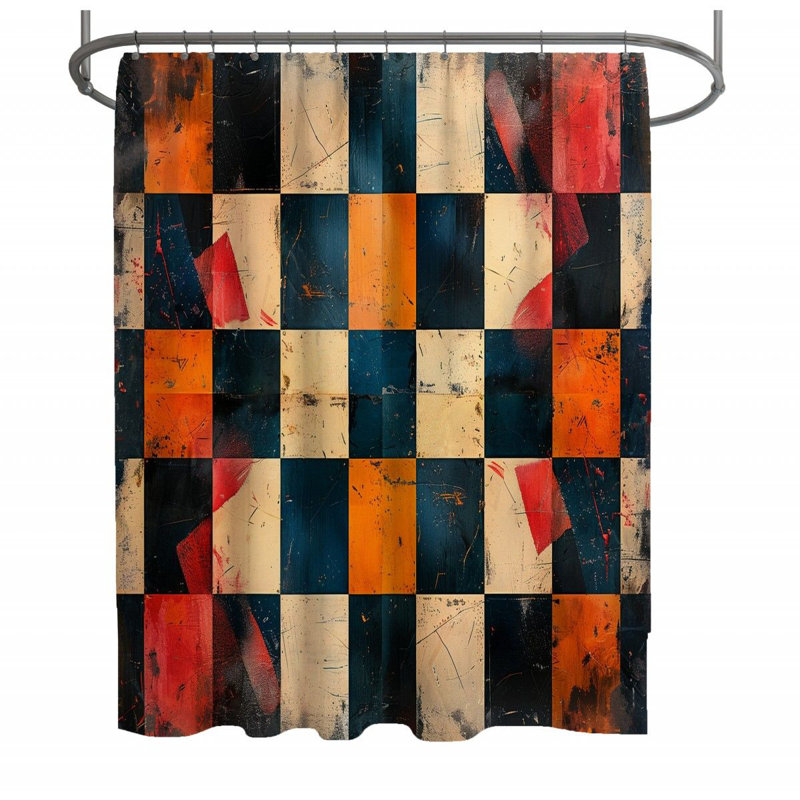 Geometric Abstract Bathroom Checkered Shower Curtain, 70" W x 83" L
