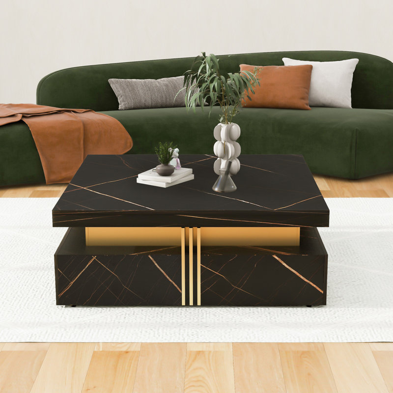 Table basse moderne carrée avec rangement à 4 tiroirs (table basse incluse, sans chaises), Noir