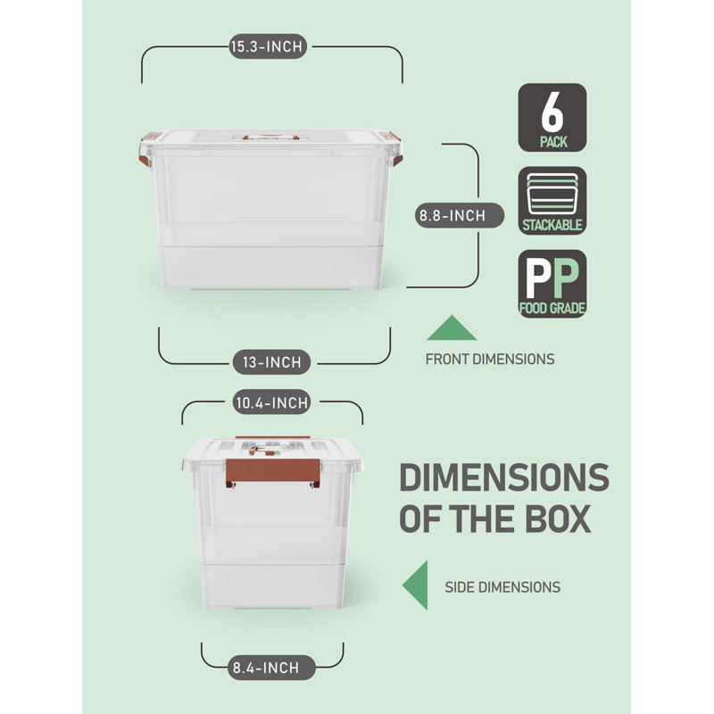 17qt Clear Plastic Storage Bin with Lid and Latching Buckles, 6 Pack Stackable Tote Organizing Box with Handle, 17 qt.