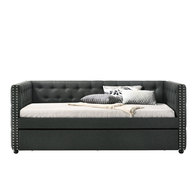 Daybed With Trundle (twin) - Gray Upholstery, 34" Height, Elegant Bedroom Addition Twin Size In Fabric 8" Mattress Recommendation, 77"w X 41"d 11"h Dimensions, Functional Design