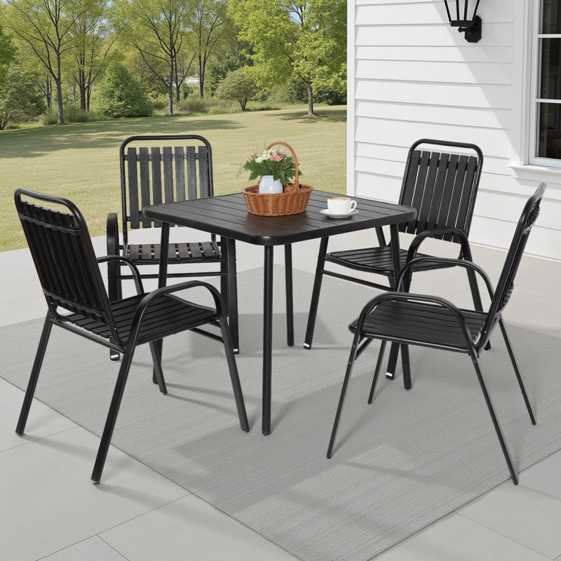 5-Piece Square Outdoor Dining Set, Rust-Resistant Steel Table & Plastic Chairs, Black
