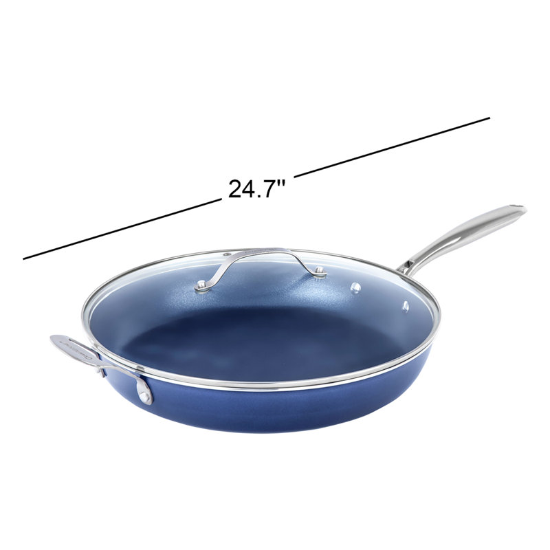 Granitestone Blue 14" Nonstick Aluminum Frying Pan with Helper Handle and Tempered Glass Lid, Oven & Dishwasher Safe