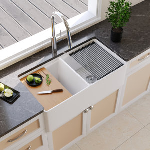 DeerValley 33" L X 20" W Double Basin Workstation Farmhouse Kitchen Sink With Sink Grid, Cutting Board And Dish-Drying Rack