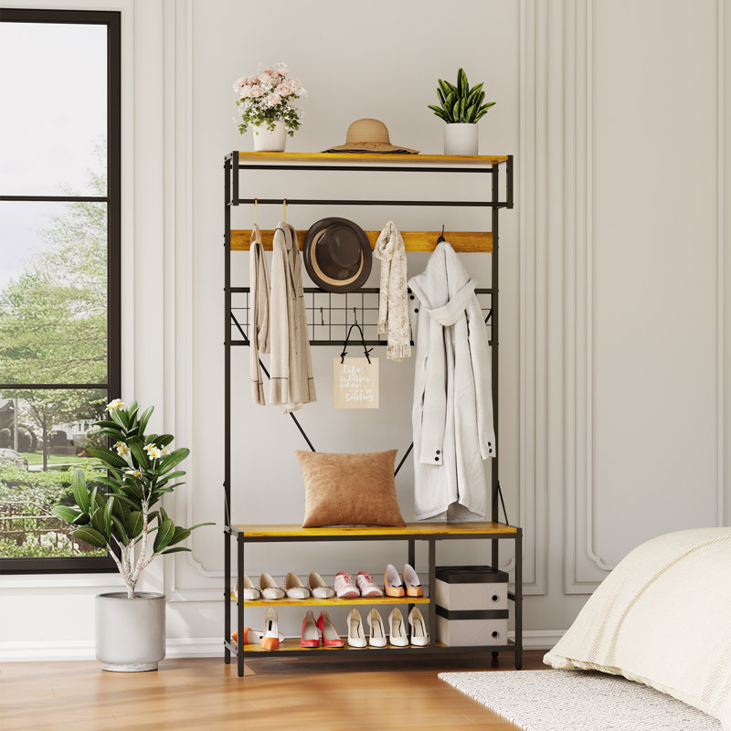 Freestanding Hall Tree with Shoe Bench, Entryway Coat Rack with 9 Hooks, Tan