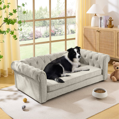 Élégant lit pour animaux de compagnie rectangulaire pour chiens grands et surdimensionnés, canapé-lit surélevé durable, canapé pour chien confortable, canapé pour chien en lin moderne et tendance - beige
