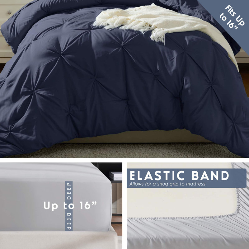 Bed-in-a-Bag Pinch Pleat Comforter Set with Bed Sheets & Down Alternative Pillows, Navy