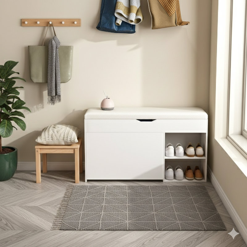 Banc d'entrée avec rangement pour chaussures intégré, comprend trois tiroirs rabattables réglables et une armoire dissimulée, un rangement peu encombrant avec trois fonctions de rangement et un design moderne, pour les couloirs et les salons, avec finition blanche