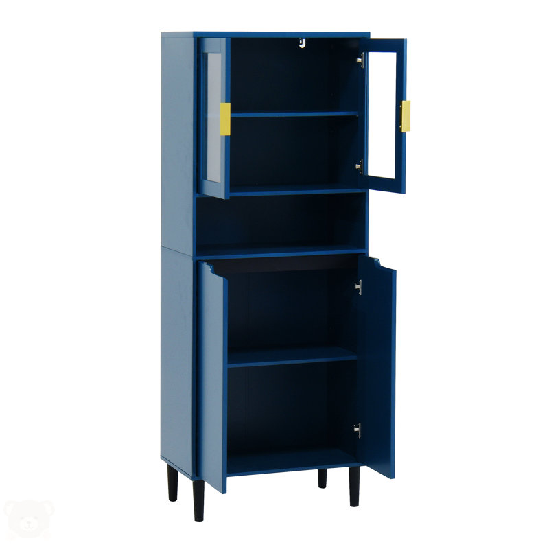 Tall Blue Lockable Bathroom Storage Cabinet with Glass Doors