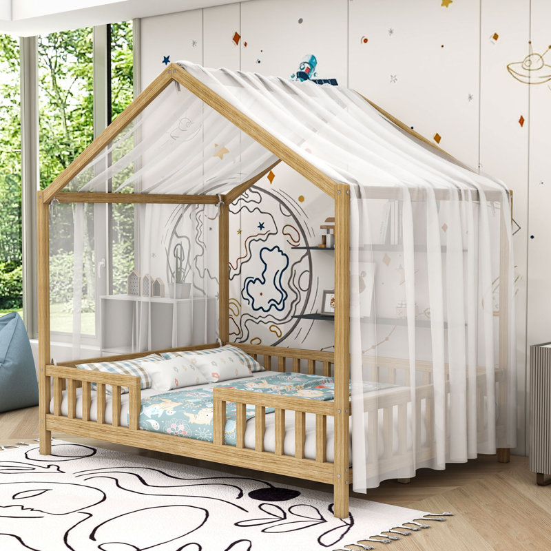 House Shape Floor Bed With Slats, Natural, Full