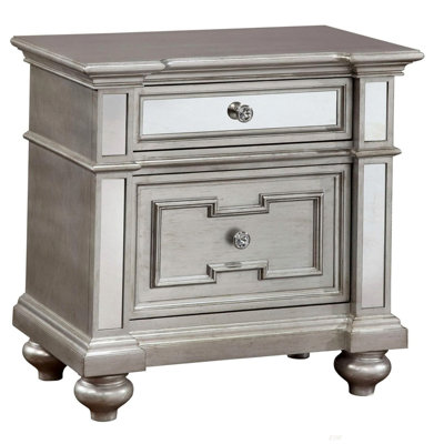 1Pc Nightstand Silver Solid Wood Mirror Panel Accents Bedroom Furniture Crystal-Like Acrylic Drawer Pulls Bun Feet Bedside Table