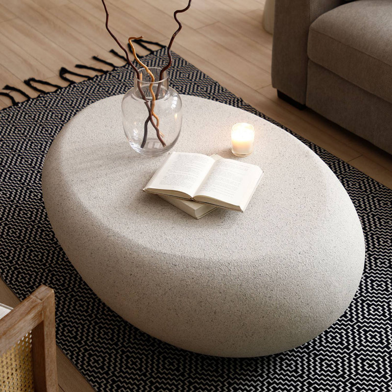  Irregular Oval Coffee Table Faux Stone Table, 14.17" H x 43.3" L x 32.67" W, Cream