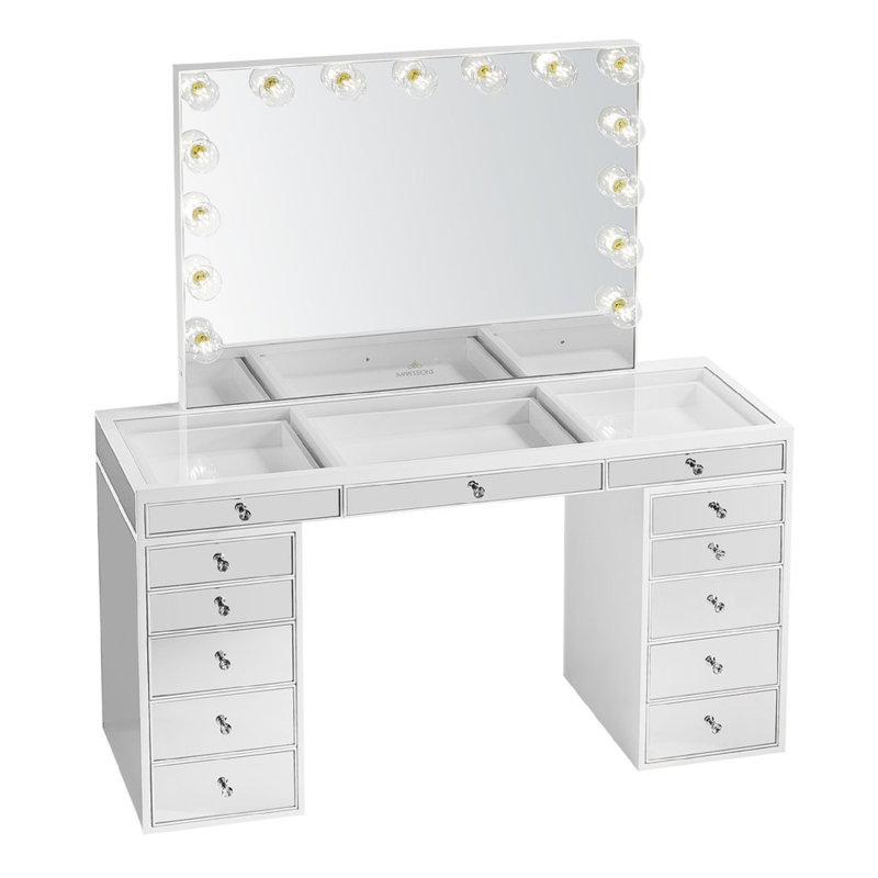 Table de coiffeuse de qualité supérieure avec miroir, tiroirs à deux étages et plateau en verre transparent Slay Station Pro 