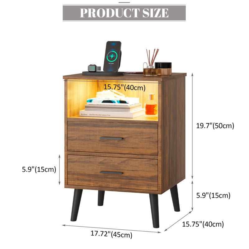 25.6''H Nightstand With Hidden Drawer, Bedside Table With Charging Station & Sensor Lights, Brown