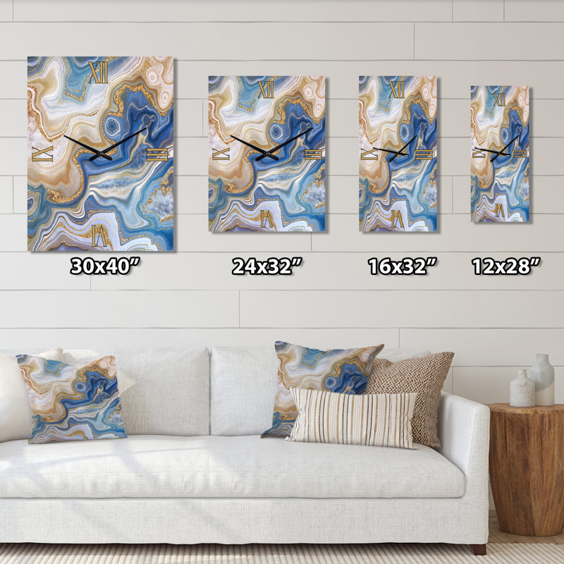 Horloge murale abstraite en métal Ocean Blue Golden Jasper Agate II, Grand