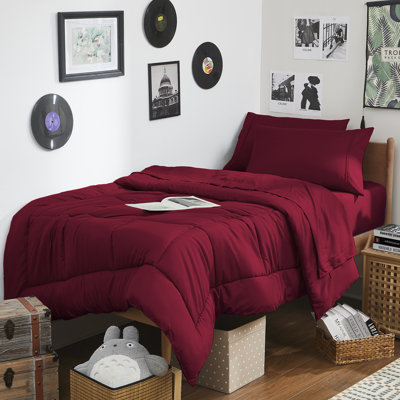 7PC Campus Ready Dorm Twin XL Bedding Bundle, Solid Comforter, Pillows And Sheet Set