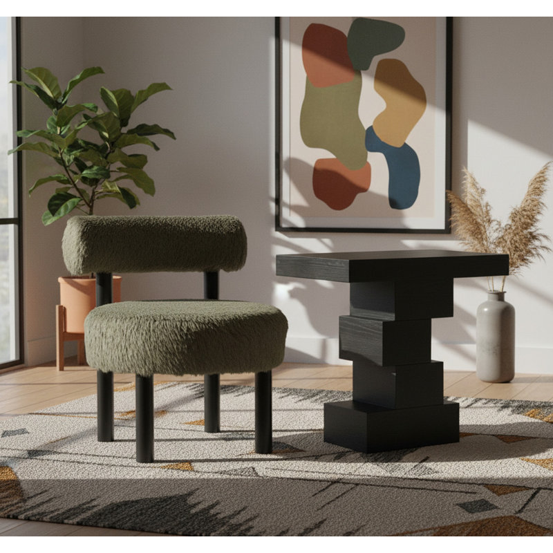 Fauteuil d'appoint rembourré Ambre, Tissu vert en peau de mouton vert, Noir, noir, noir, noir