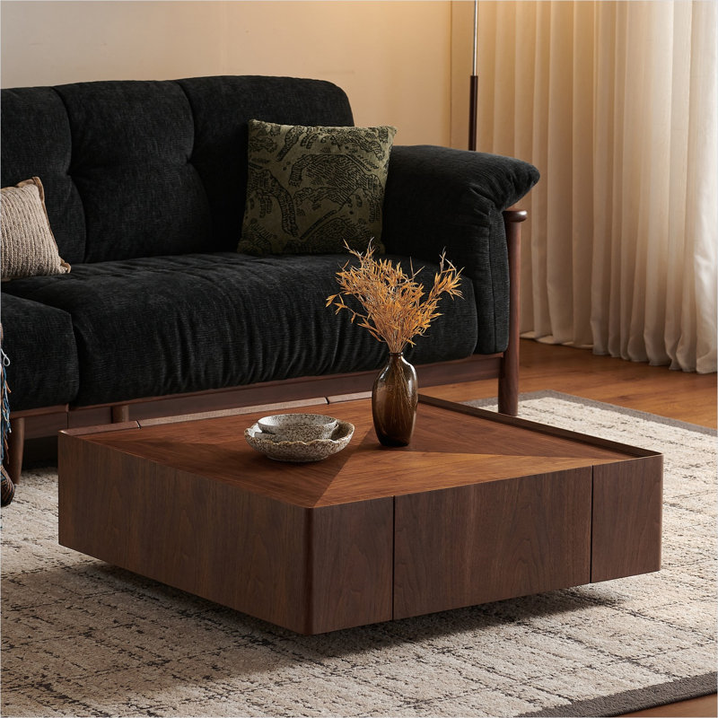 Table basse avec tiroirs de rangement dissimulés, panneau de fibres à densité moyenne carré brun chaud 35,4 pouces