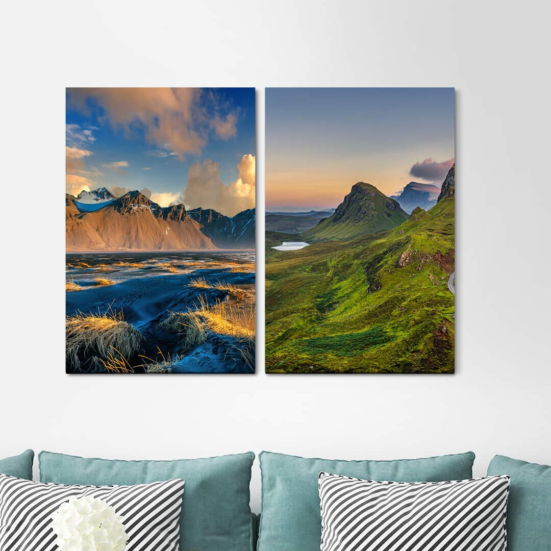 2-tlg. Leinwandbilder-Set - Grafikdruck „Mountains Steppe Nature Untouched Wilderness Silence Calm”