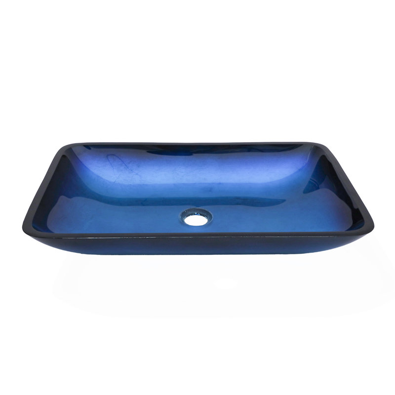 Bathroom Vessel Sink Above Counter Amber Blue Gradient Tempered Glass Bowl Square Sink For Bathroom, Tempered Glass Vessel Sink With Pop-Up Drain (No Faucet)(Includes Only The Bathroom Sink)